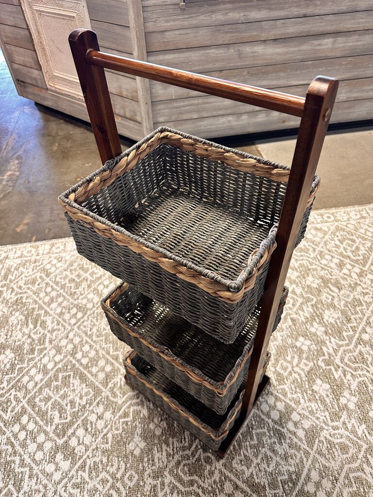 Woven Wicker Three Storage Basket Stand