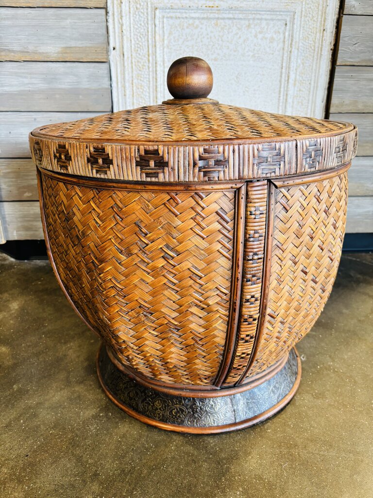 Woven Rattan and Wicker Lidded Storage Basket