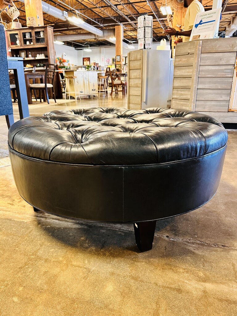 Italian Leather Tufted Round Ottoman