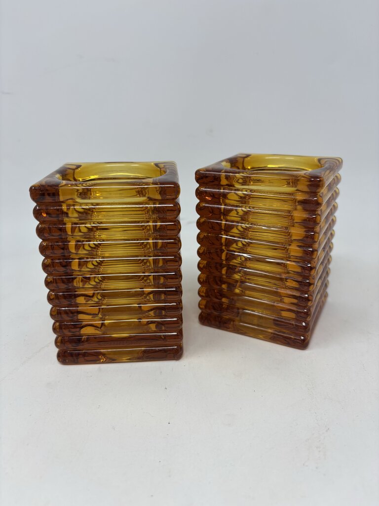 Set 2 Rib Block Candle Holders Amber
