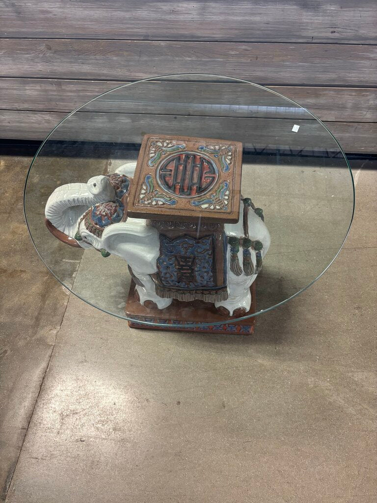 Glazed Pottery Elephant Plant Stand with Glass Top