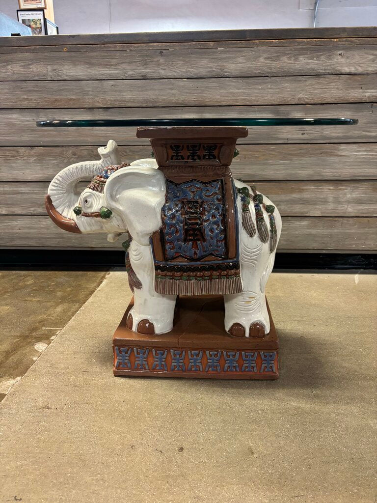 Glazed Pottery Elephant Plant Stand with Glass Top
