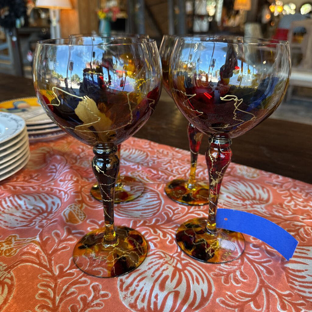 Hand Painted Glass Balloon Wine Goblets Set 4