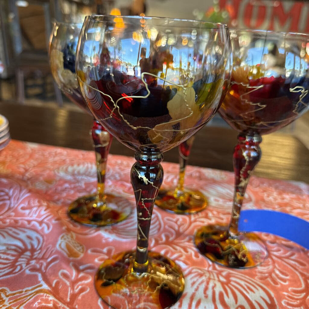 Hand Painted Glass Balloon Wine Goblets Set 4
