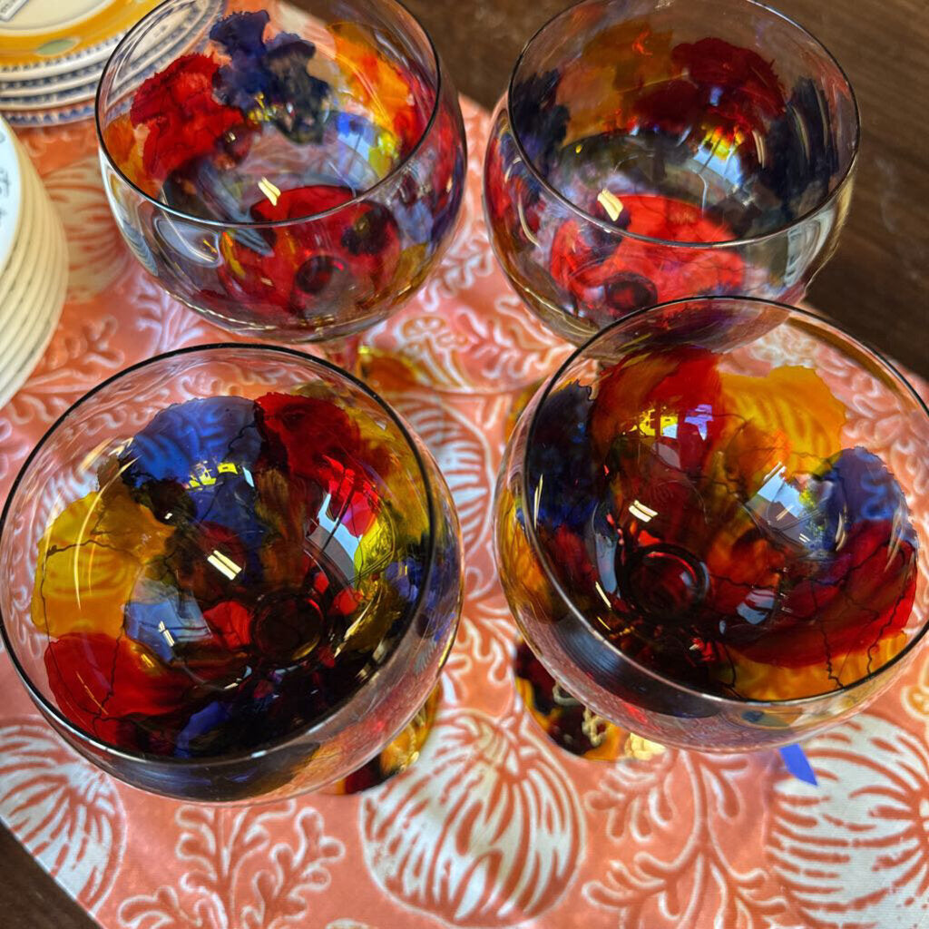 Hand Painted Glass Balloon Wine Goblets Set 4