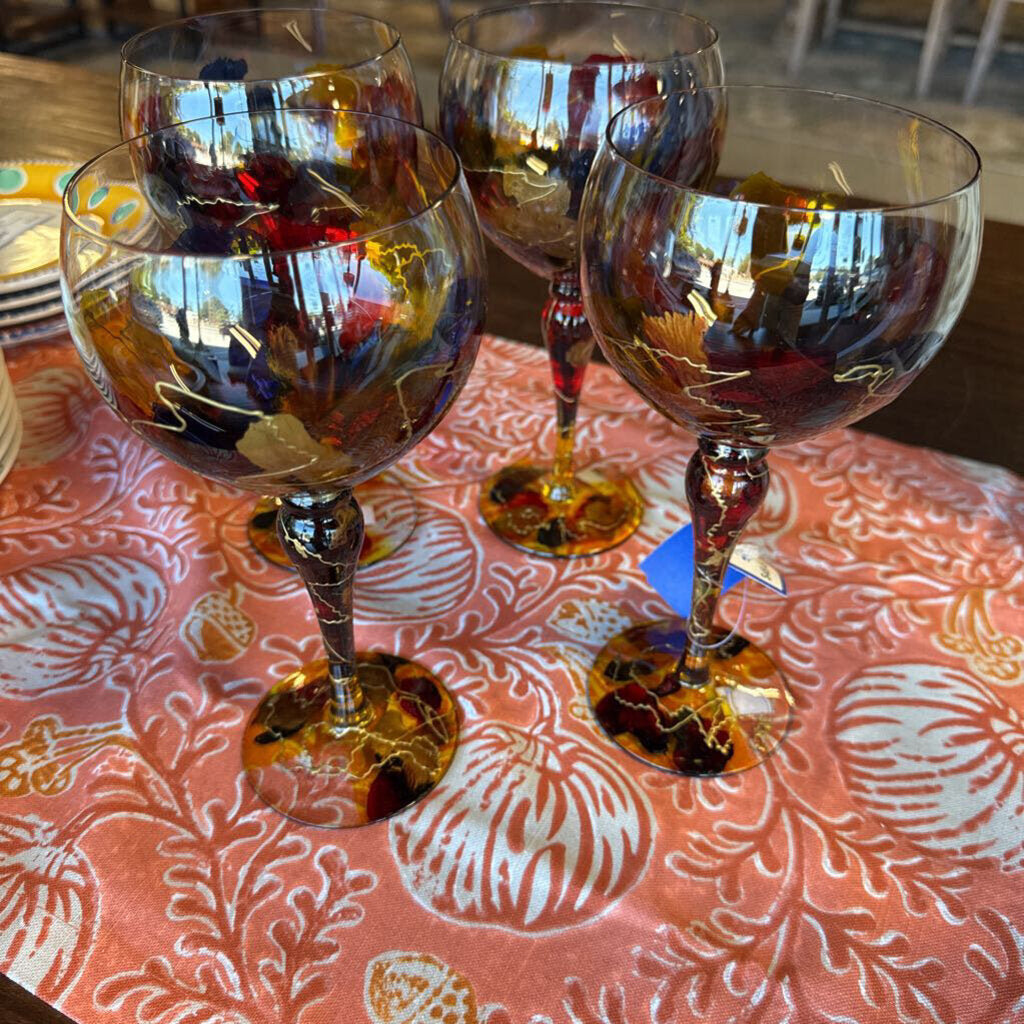 Hand Painted Glass Balloon Wine Goblets Set 4