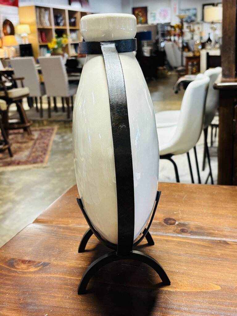 Canteen Style Vase Resting in Metal Stand