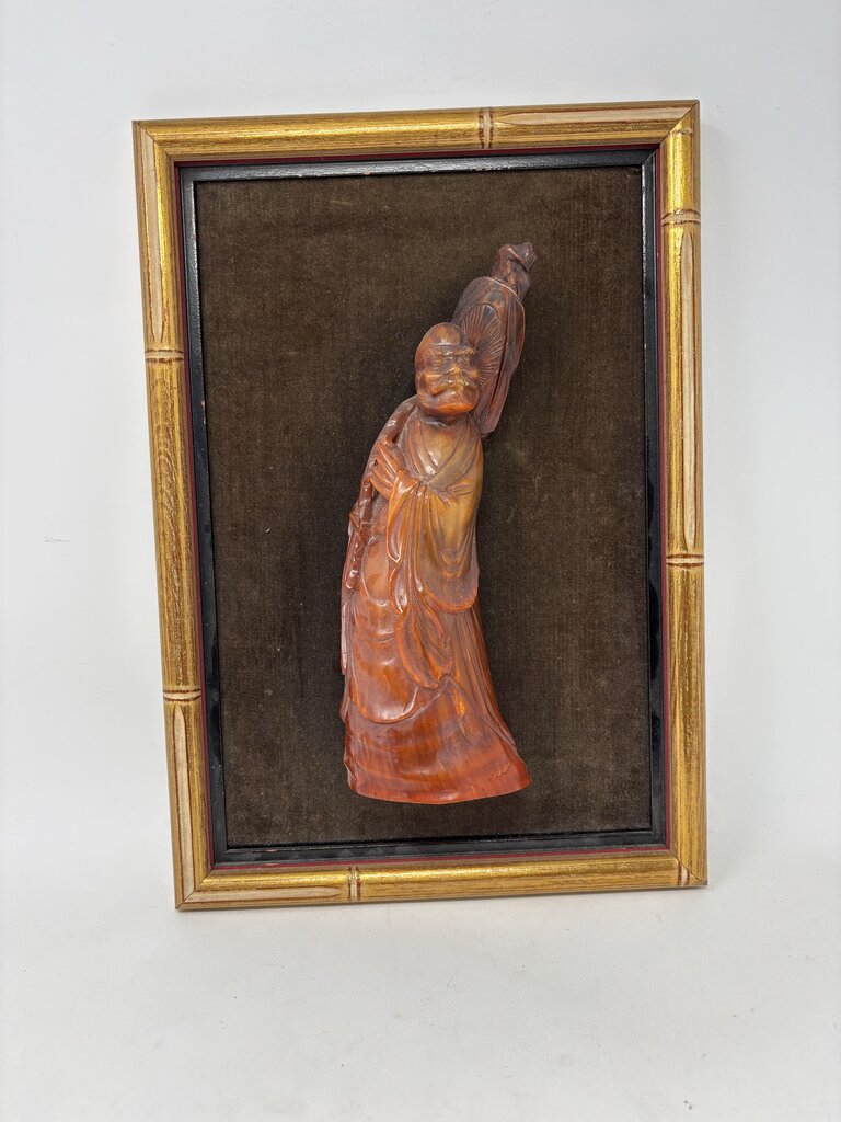 Chinese Carved Figure Mounted On Framed Fabric