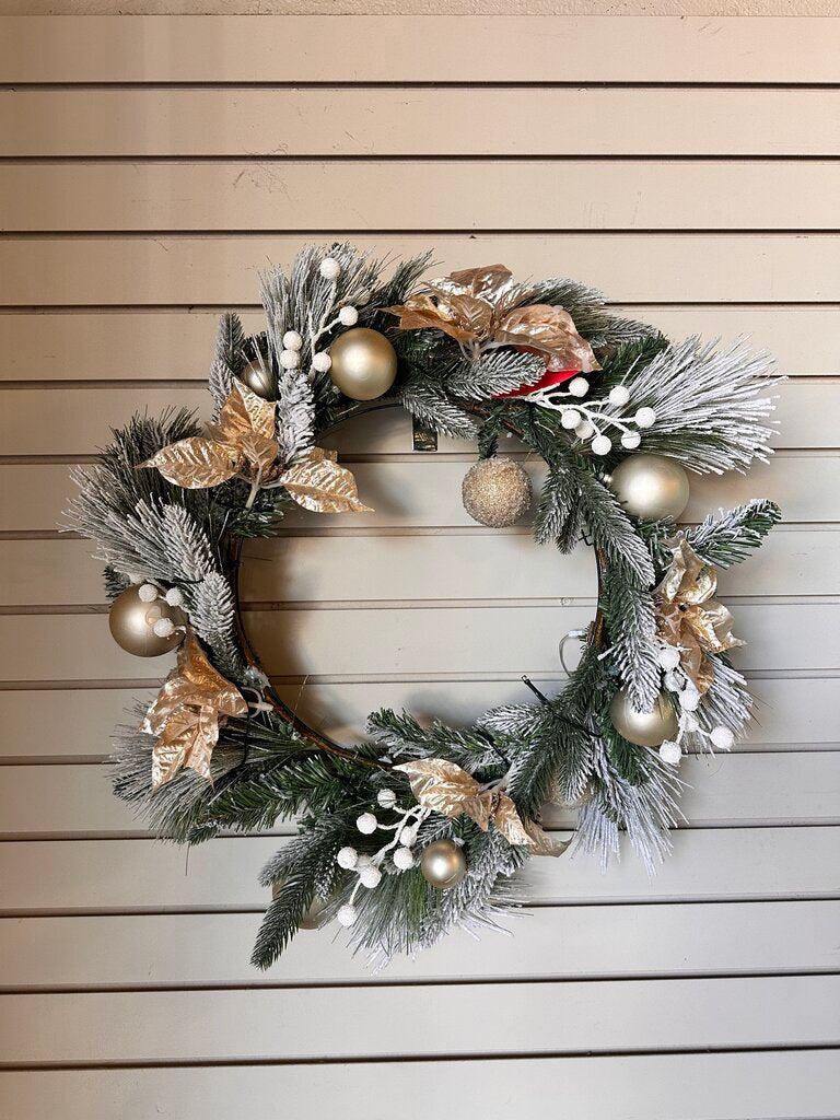 Pre-Lighted Flocked Wreath gold geen White