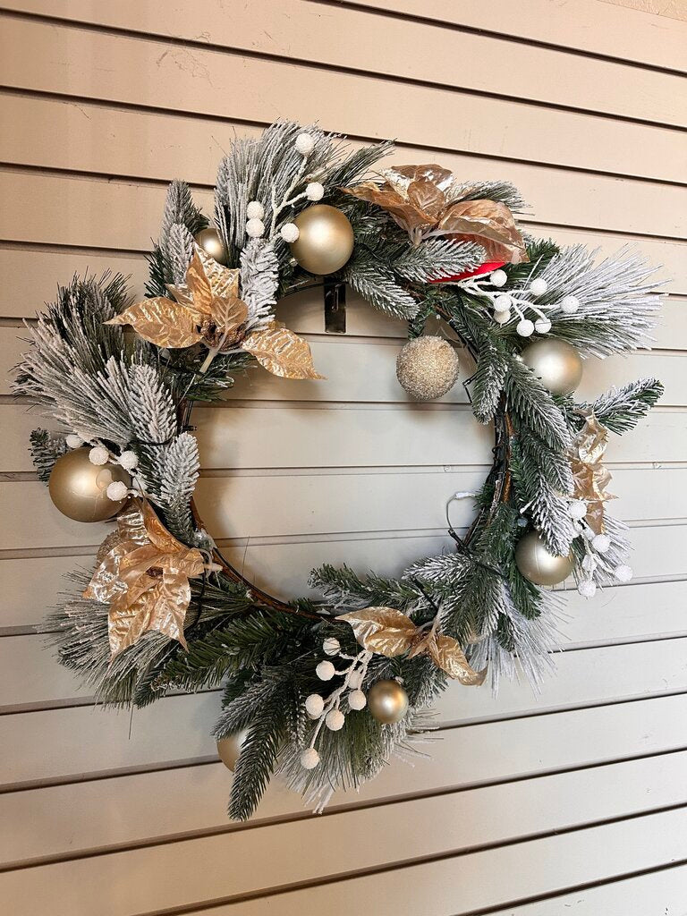 Pre-Lighted Flocked Wreath gold geen White