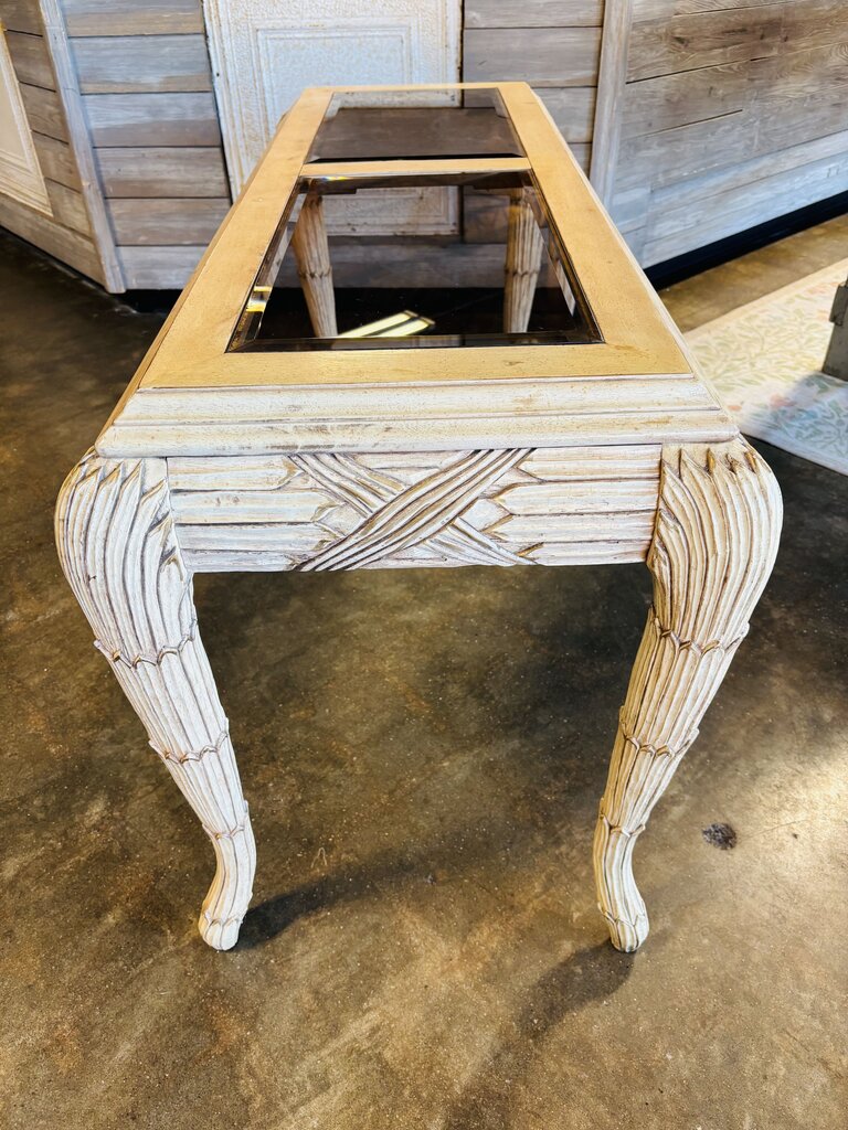 Mid Century Carved Wood Feather Console Table