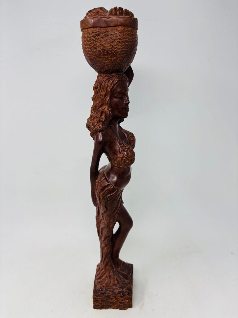Wood Carved Woman with Basket Statue