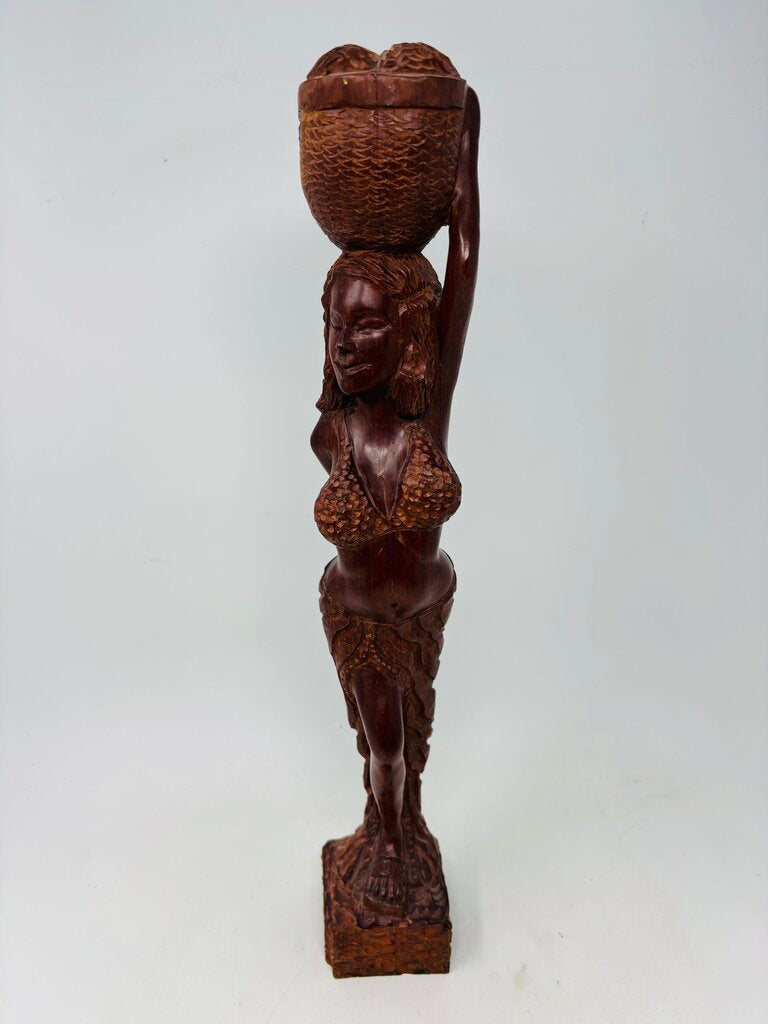 Wood Carved Woman with Basket Statue