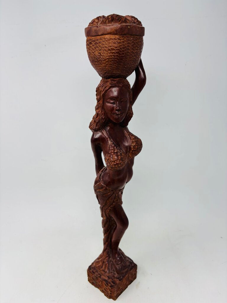 Wood Carved Woman with Basket Statue