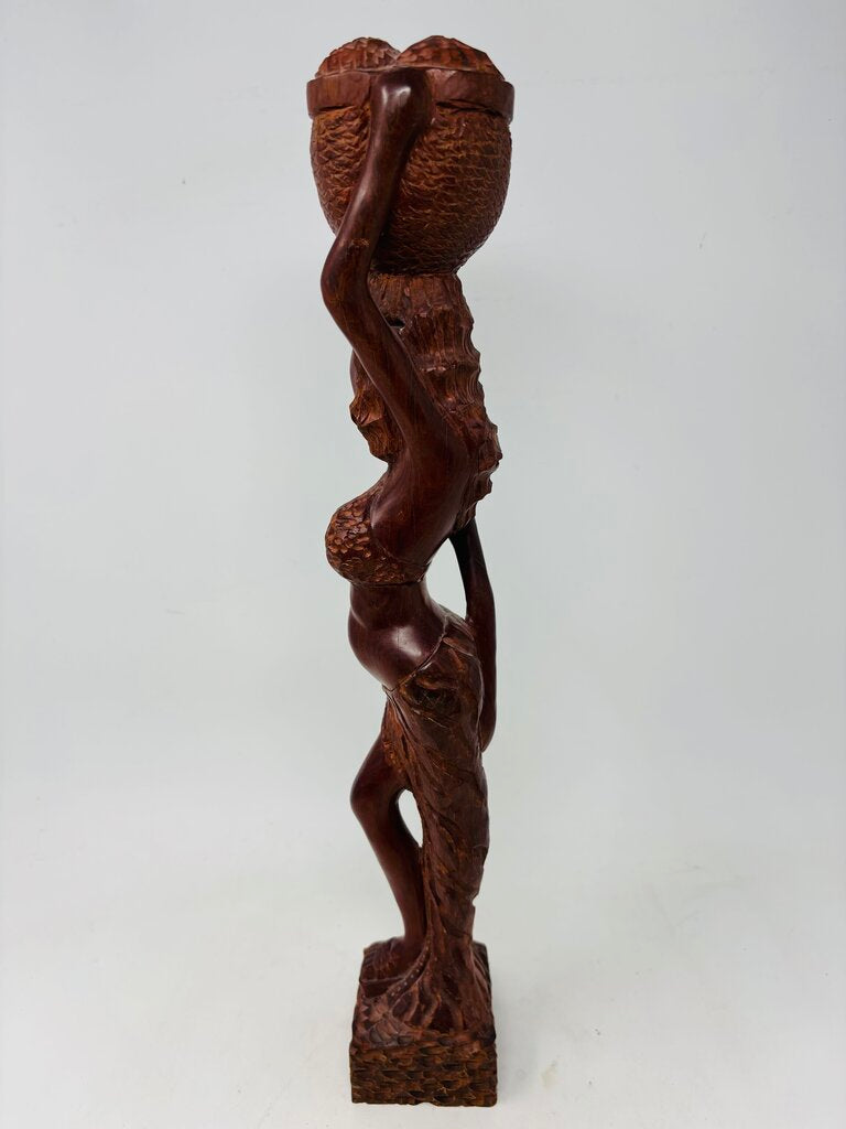 Wood Carved Woman with Basket Statue