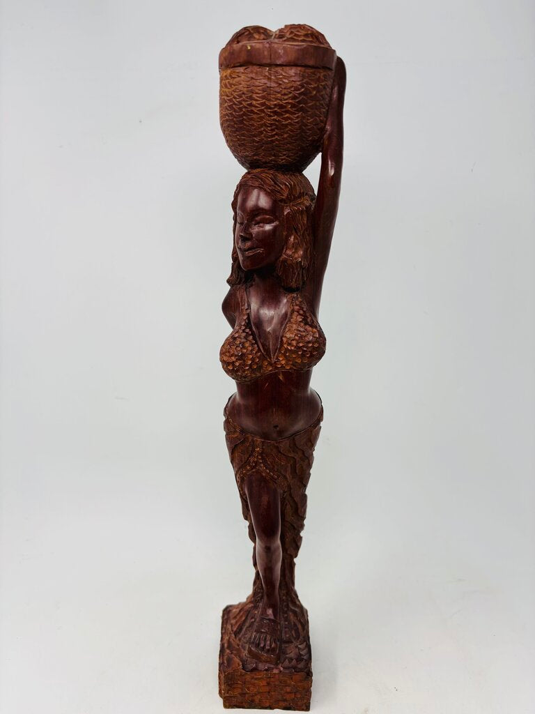 Wood Carved Woman with Basket Statue