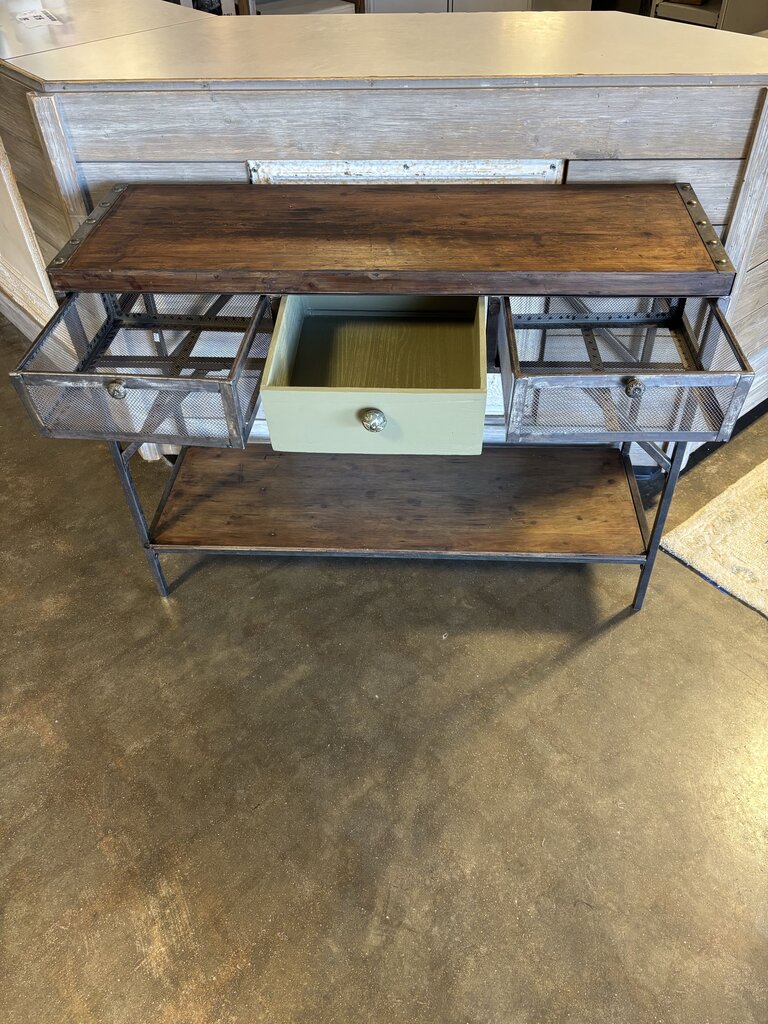 Wood Metal 3 Drawer Console