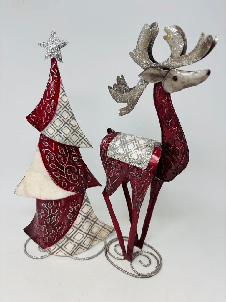 Metal Red/White Reindeer and Tree 2 PC